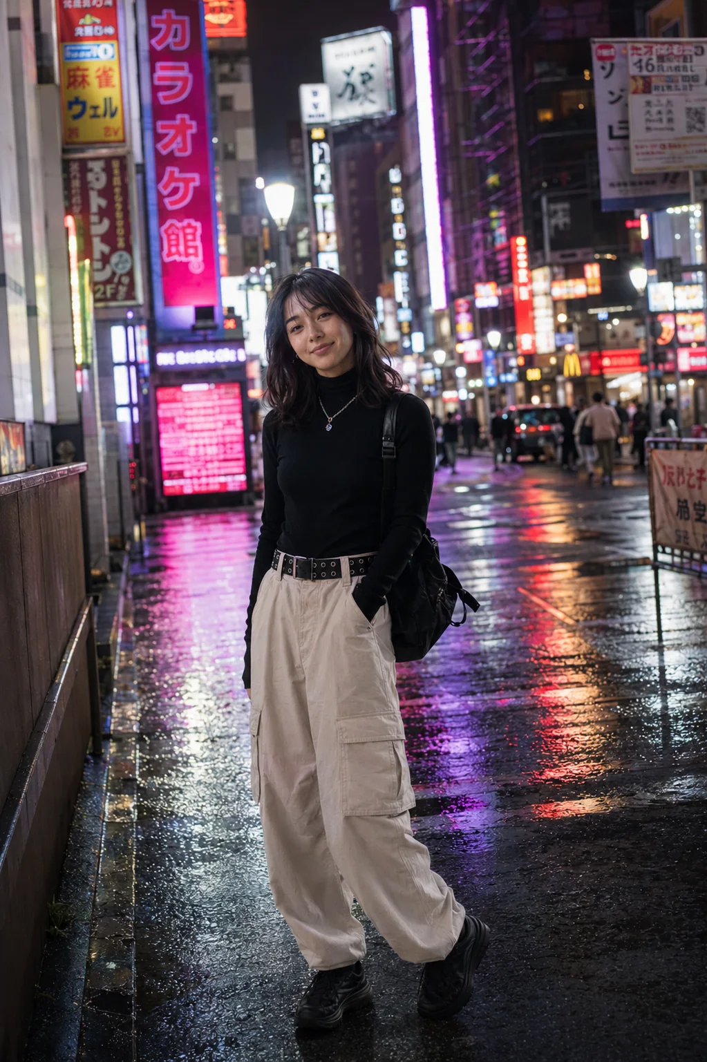 Mitsuki standing in a neon-lit Tokyo street at night