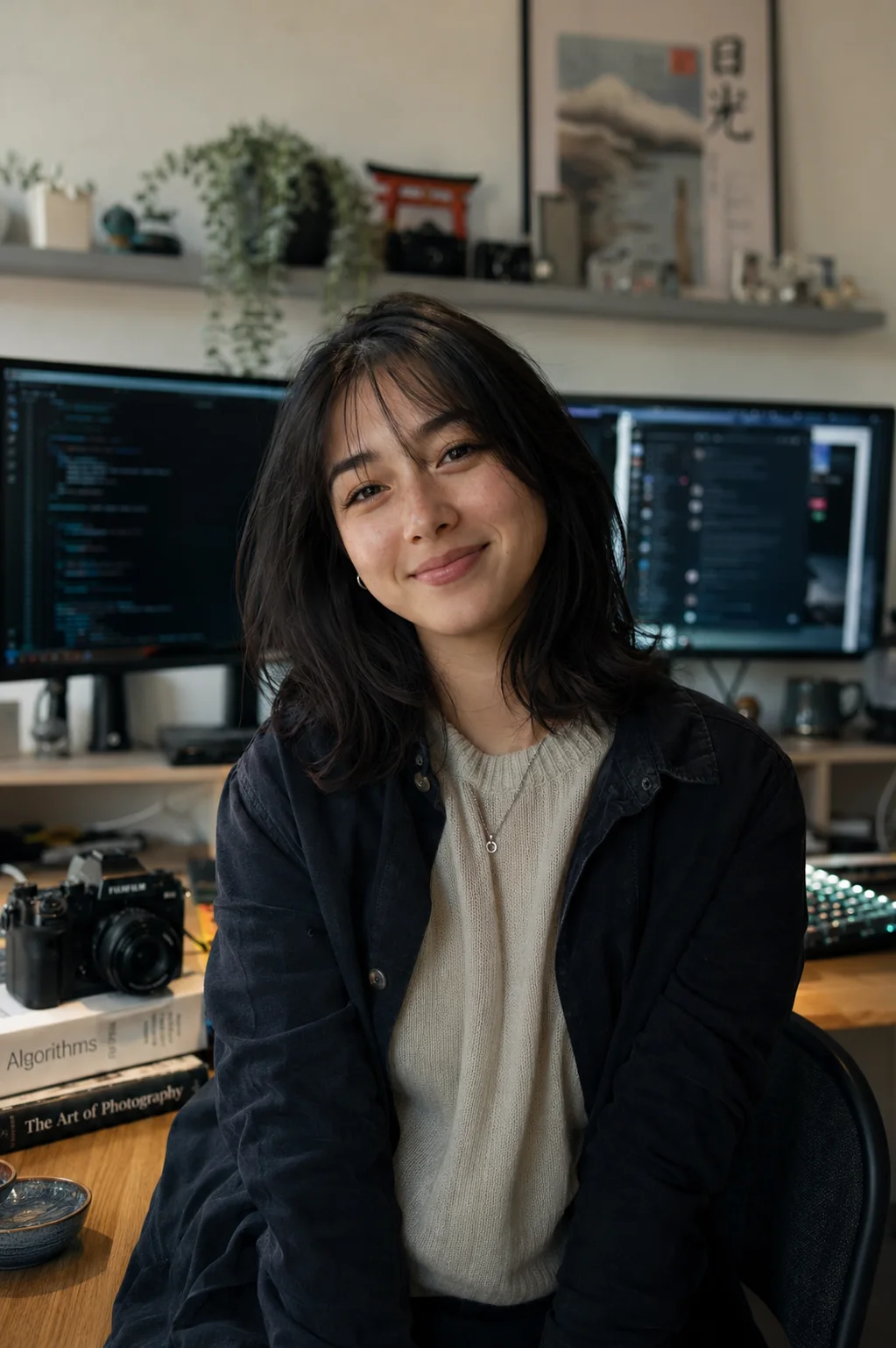 Mitsuki smiling at her desk with code, cameras, and Japanese-inspired decor behind her